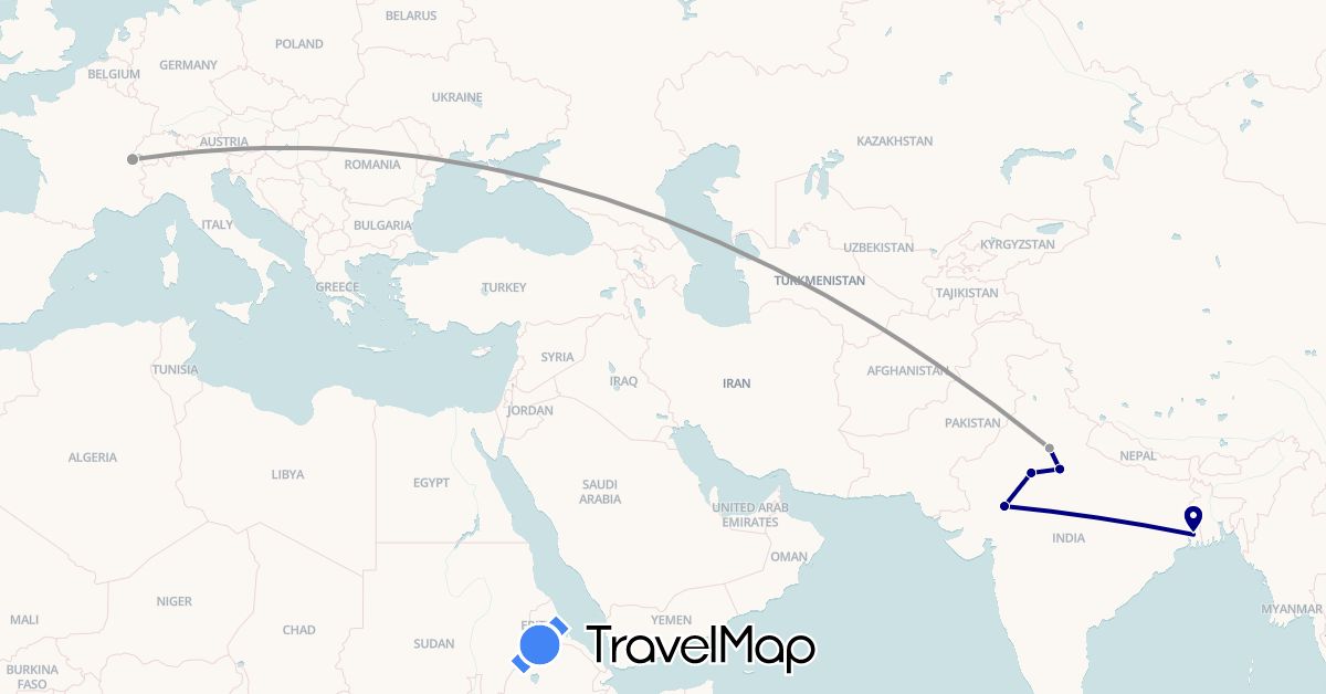 TravelMap itinerary: driving, plane in Switzerland, India (Asia, Europe)